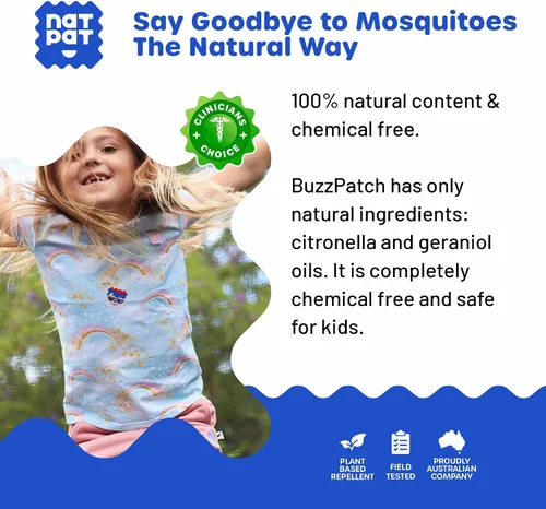 Vista 3 de NATPAT Buzz Patch - Calcomanías de parche de mosquitos para niños, ingredientes a base de plantas, no tóxicos, el parche original de aceite esencial