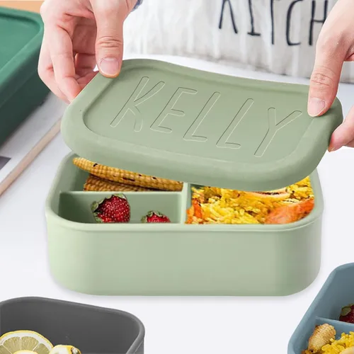 Vista 6 de xrlsg Caja Bento personalizada de silicona con 3 compartimentos para el trabajo, viajes, microondas, congelador, lavavajillas