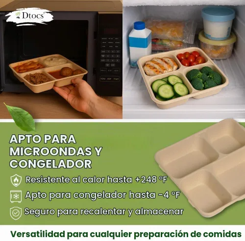 Vista 5 de Dtocs Platos de compartimento desechables (40 piezas) 4 porciones, bandejas seccionales resistentes de fibra de bambú para campamento, catering