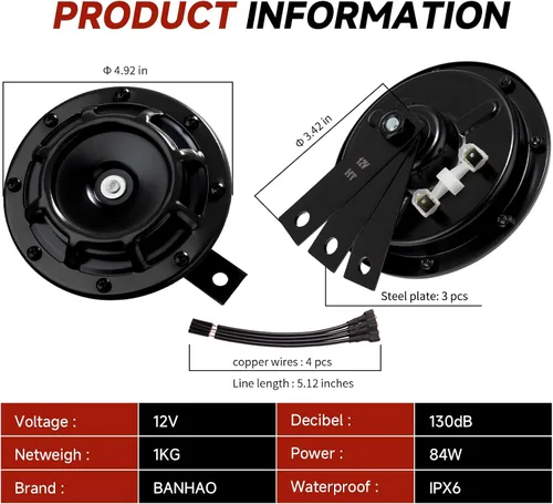 Vista 6 de Bocina eléctrica para coche, 12 V, súper fuerte, tono alto/bajo, kit de bocinas dobles de metal con rejilla protectora, 2 bocinas 003399801, montaje
