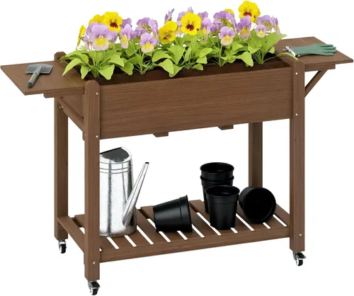 Vista 21 de Outsunny - Jardinera elevada de madera con estante de almacenamiento, orificios de drenaje y forro para el patio trasero, la terraza, el balcón, 47