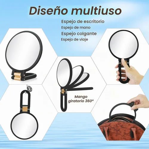 Vista 4 de 1 espejo de viaje con aumento, espejo de mano con mango - Espejo de mano de doble cara con 1 aumento de 20x y mango plegable, espejo de mano