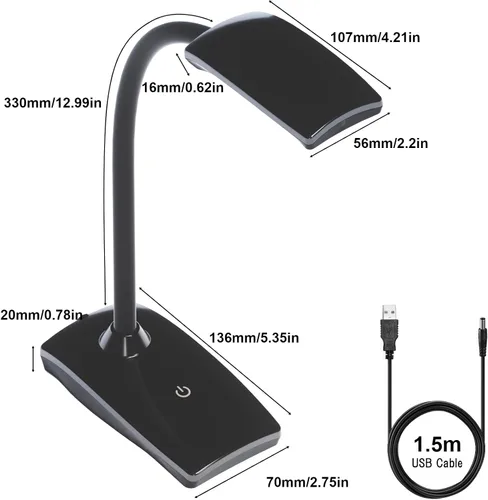 Vista 3 de Lámpara de escritorio LED de 3 brillos regulables para el cuidado de los ojos, lámpara de mesa negra, cuello de cisne flexible, luz de escritorio