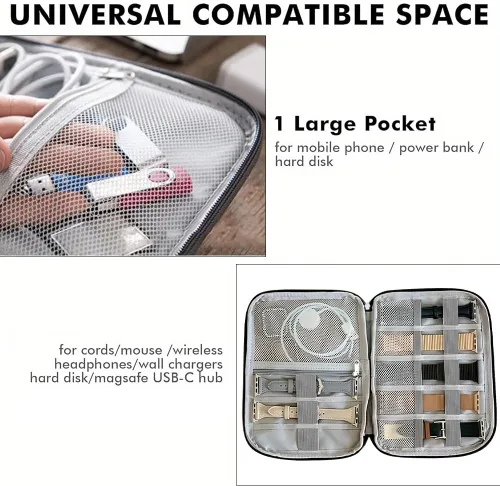 Vista 6 de Bolsa de accesorios para cables de viaje, organizador electrónico para cable, cable, cargador, teléfono (gris/M)