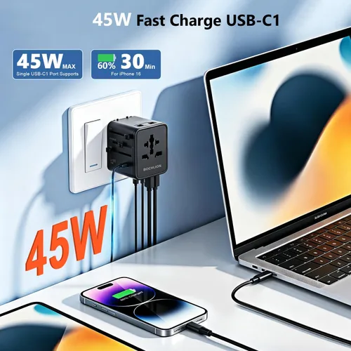 Vista 3 de Adaptador de viaje universal 7 en 1 de 17 W, 3 entradas, 2 USB-A + 2 USB-C, adaptador de corriente internacional para EE. UU. UE Reino Unido AU
