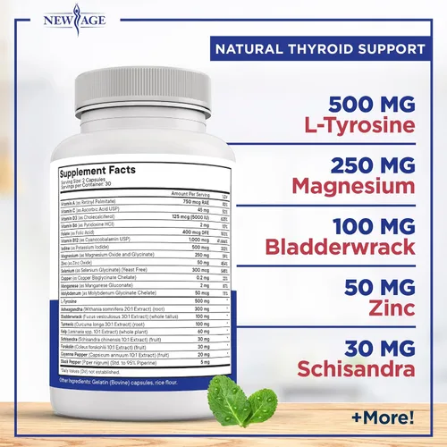 Vista 2 de NEW AGE Suplemento de apoyo tiroideo para mujeres y hombres con yodo, B12, zinc, selenio, ashwagandha, vejiga, cúrcuma, Schisandra, sin OMG, 60