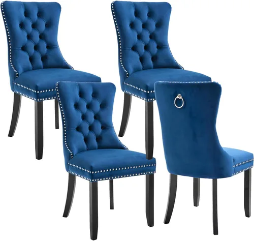 Vista 28 de mikibama Juego de 2 sillas de comedor tapizadas de terciopelo con respaldo de ala, sillas de comedor con patas de madera maciza con botón de cabeza