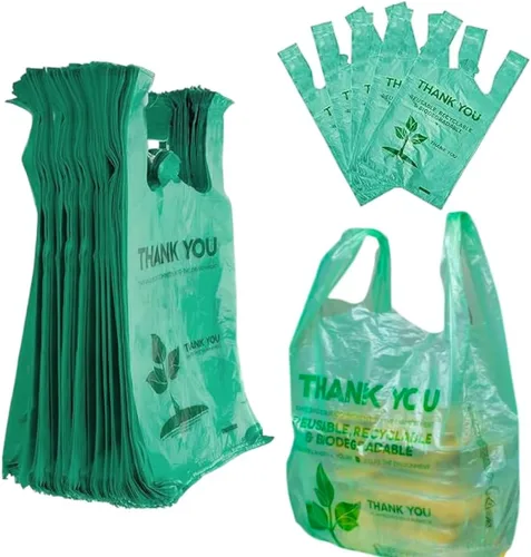 Vista 8 de Paquete de 50 bolsas de camiseta con asas de 22 x 12 pulgadas, bolsas de plástico biodegradable verde para compras, bolsas de agradecimiento