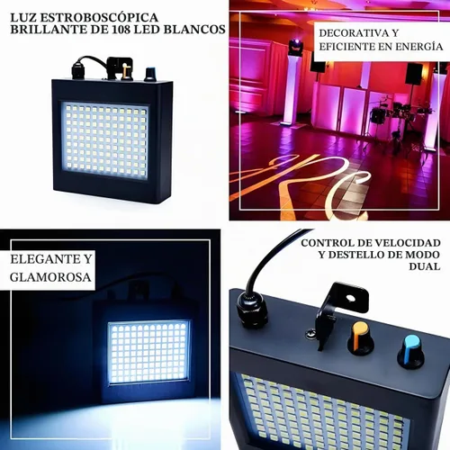 Vista 9 de Mini luz estroboscópica, sUperbrillante RGB/color blanco, luz estroboscópica con 108 mini LED, auto-activada por sonido o modo de flash de control