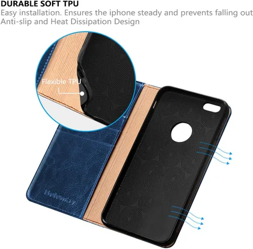 Vista 4 de Belemay Funda compatible con iPhone 6s, compatible con iPhone 6, funda de piel auténtica, billetera delgada, ranuras para tarjetero, soporte