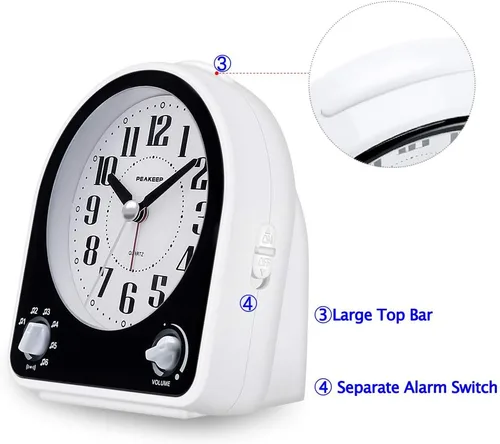 Vista 3 de Peakeep Reloj despertador analógico silencioso sin tictac, 7 sonidos de Negro