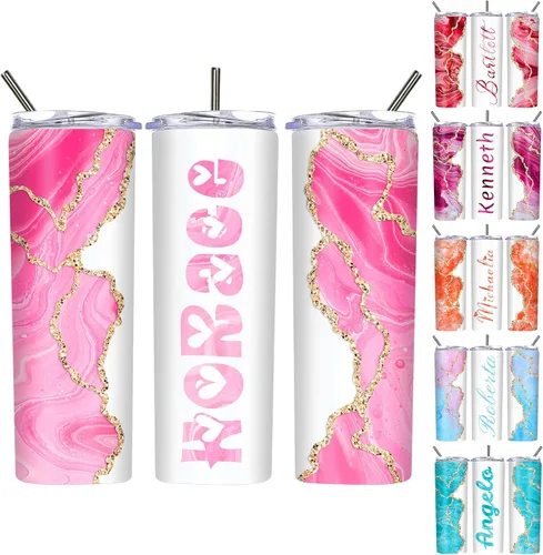 Vista 11 de Vasos delgados personalizados con tapas y pajitas de 20 onzas, diseño de mármol personalizado, vasos de acero inoxidable delgados con nombre