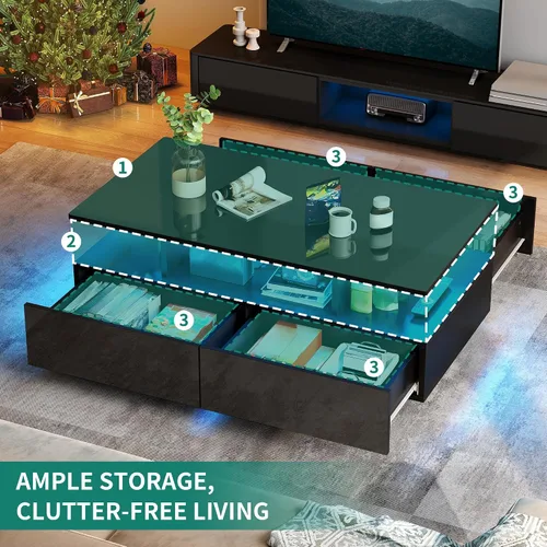 Vista 3 de YITAHOME - Mesa de café LED con almacenamiento, mesas de café LED de alto brillo para sala de estar, mesa de café negra moderna rectangular, mesa