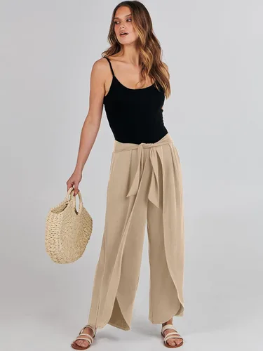 Vista 7 de ANRABESS Pantalones de verano de pierna ancha para mujer, con lazo frontal, holgados, de cintura alta, casual, con abertura, estilo bohemio, palazzo