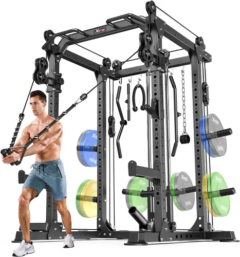 Vista 22 de Power Rack Power Cage Rack multifunción para sentadillas con sistema cruzado de cable seleccionable más accesorio de entrenamiento para garaje