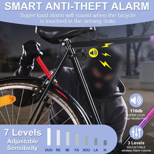 Vista 4 de Bocina de bicicleta vehículo eléctrico inalámbrico sistema de alarma de vibración con sensor de movimiento, alarma antirrobo impermeable recargable