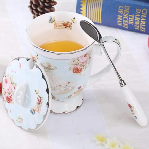 Vista 2 de Taza de té y tapa y cuchara Set Royal Fine Bone China Taza de café 11.2 fl oz Azul claro