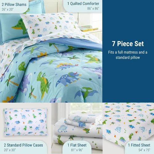 Vista 2 de Wildkin Juego de ropa de cama matrimonial de 7 piezas, edredón, sábanas y fundas de almohada 100% algodón para acurrucarse (tierra de dinosaurios)