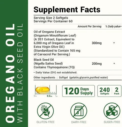 Vista 5 de Cápsulas blandas de aceite de orégano - Aceite de orégano con aceite de semilla negra, formulado con Carvacrol 165mg y timoquinona, 240 cápsulas