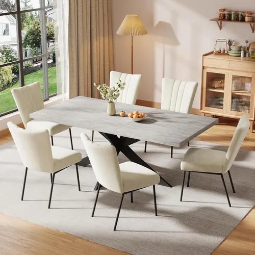 Vista 10 de ZckyCine Juego de mesa de comedor extensible de 6 piezas, moderna mesa de madera gris de 63 a 79 pulgadas con 6 sillas de tela gris, mesa de comedor
