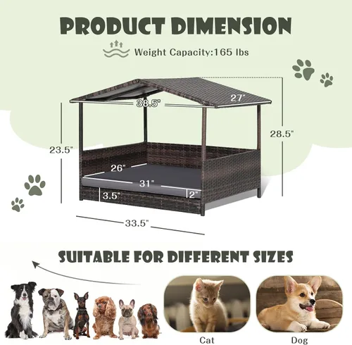Vista 5 de Giantex Casa de mimbre para perro, cama elevada de ratán para perros con techo impermeable, funda de cojín lavable, marco de acero, cama elevada