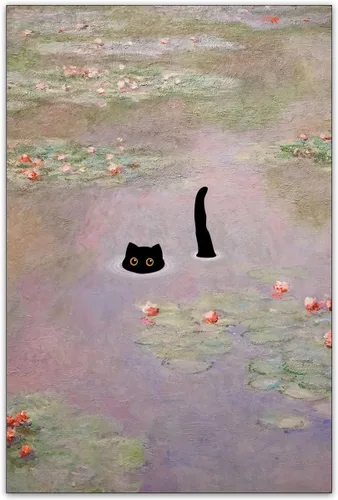 Vista 20 de CAXIYSH Arte de pared de gato negro Monet, póster de lirios acuáticos, vintage, divertido, floral, gato, lienzo, pinturas famosas, impresiones