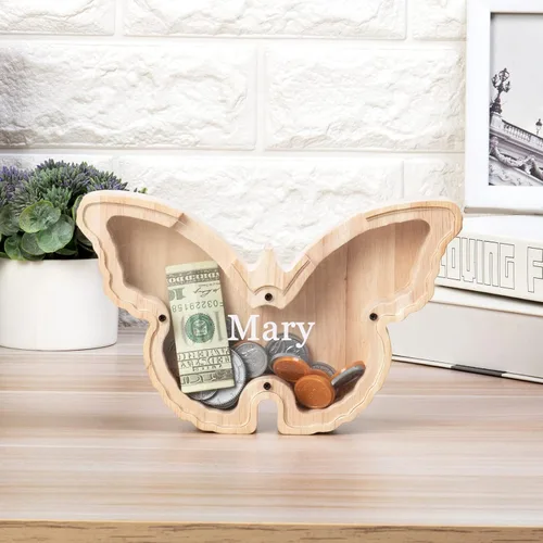 Vista 4 de Alcancía de madera personalizada con diseño de dinosaurio grabado con nombre grabado, caja de dinero para Navidad, cumpleaños, regalo divertido