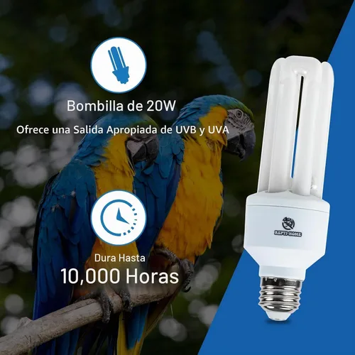Vista 3 de Bombilla UVA UVB para pájaros 2.4 UVB 20W lámpara fluorescente compacta para todo tipo de aves cautivas