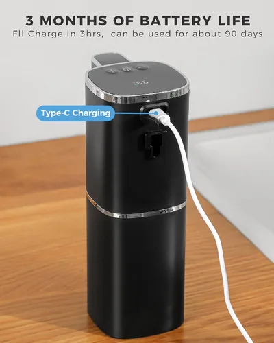 Vista 7 de Dispensador automático de jabón espumoso sin contacto, dispensador de jabón de manos inteligente recargable por USB, 9 niveles ajustables, 13.5 Negro