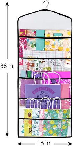 Vista 3 de Bolsa de regalo y almacenamiento de papel de seda, organizador colgante con múltiples bolsillos delanteros y traseros de doble cara, organiza papel