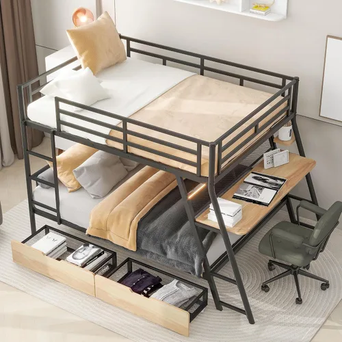 Vista 8 de Litera de casa individual sobre cama individual con escalera convertible integrada, diseño de casa de juegos de dormitorio, marco de cama de metal