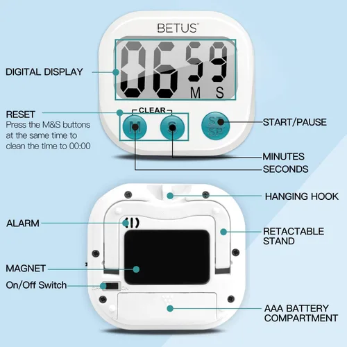 Vista 7 de Betus Temporizador digital de cocina, dígitos grandes, funcionamiento simple y alarma fuerte, respaldo magnético o soporte de mesa, cronómetro