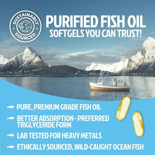 Vista 5 de Suplementos de aceite de pescado Omega 3 – 2400 mg de aceite de pescado por porción – Omega-3 de triple fuerza con ácidos grasos EPA y DHA – Apoyo