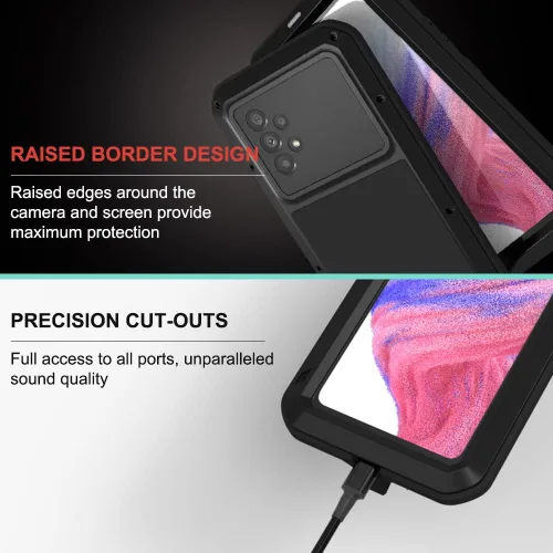 Vista 4 de Funda militar resistente para Samsung A53, con protector de pantalla de vidrio templado, a prueba de golpes, a prueba de polvo, a prueba de Negro