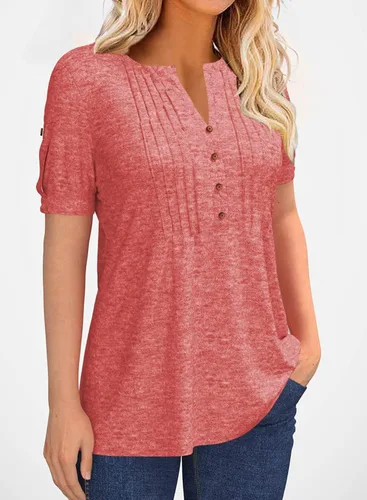 Vista 2 de Women's Zipper Summer Pleated Button Short Sleeve T-Shirt Summer V-Neck Solid Color Casual top