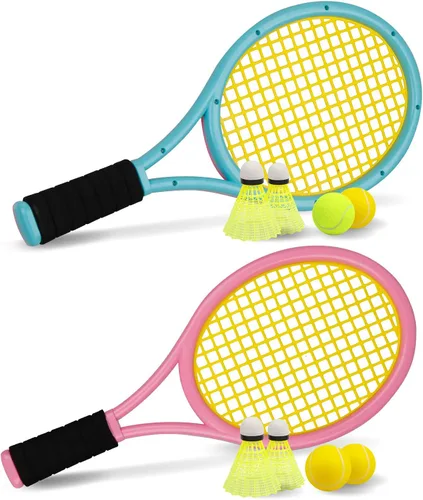Vista 10 de Juego de raqueta de tenis para niños, raqueta de 17 pulgadas con 1 pelota de tenis, 4 volantes de bádminton y 3 pelotas suaves para deportes