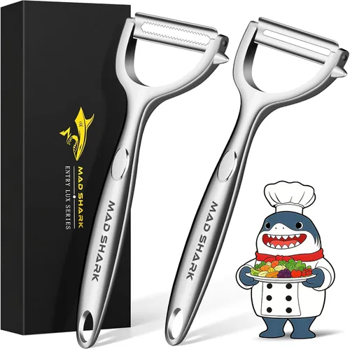 Vista 9 de MAD SHARK Peladores de verduras ultra afilados para cocina, frutas, manzanas, patatas, diseño con mango ergonómico antideslizante, acero inoxidable