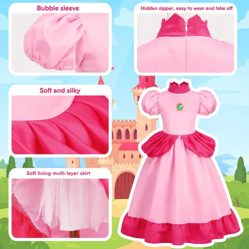 Vista 2 de CONGRU Disfraz de princesa melocotón para niñas, vestido de princesa melocotón con accesorios para Halloween, cosplay