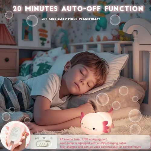 Vista 2 de HAPPYBAG Luz Nocturna de Axolotl, Lámpara de Axolotl Bonita Regalos para Niños, Luz Nocturna de Guardería de Animal de Silicona Regulable, Lámpara
