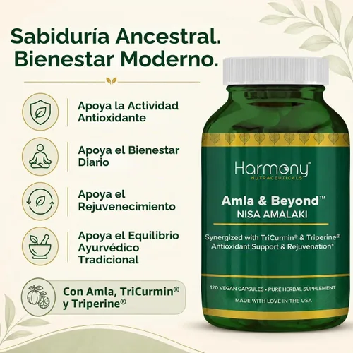Vista 5 de Harmony Nutraceuticals Amla & Beyond™ (Nisa Amalaki) Fórmula tradicional de hierbas ayurvédicas con amla, cúrcuma y triperina™, vegetariana, 120