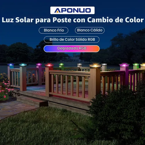 Vista 4 de APONUO - Luces solares para punta de poste con 8 colores RGB sólidos y flujo multicolor - Paquete de 4 luces solares para postes de 6x6, IP65 Cambio
