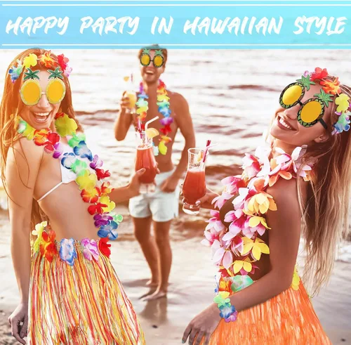 Vista 5 de Paquete de 10 accesorios de disfraz de falda hula hawaiana, faldas de hierba hawaiana para fiesta Luau, diadema hawaiana, flores, collar, pulseras