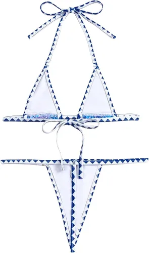 Vista 5 de WDIRARA Traje de baño de bikini sin espalda con estampado de nudo halter y ribete de contraste para mujer