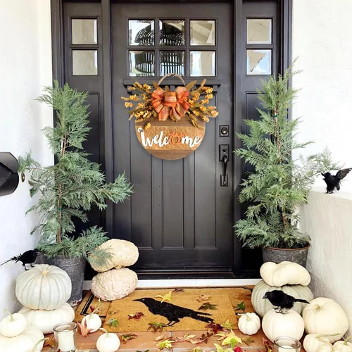 Vista 8 de Letrero de bienvenida para decoración de puerta delantera, coronas de otoño, decoraciones de otoño para el hogar, corona de granja para puerta