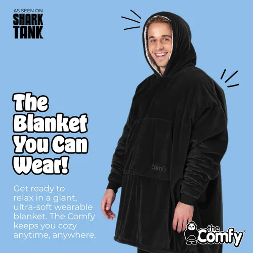 Vista 3 de THE COMFY Original - Manta de forro polar de microfibra con forro sherpa, diseño de gran tamaño con capucha y bolsillo de Shark Tank