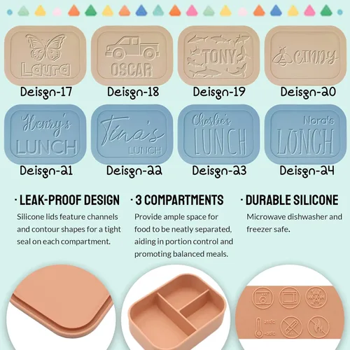 Vista 4 de xrlsg Caja Bento personalizada de silicona con 3 compartimentos para el trabajo, viajes, microondas, congelador, lavavajillas