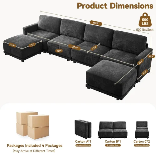 Vista 2 de Sofá modular en forma de U de 143.8 pulgadas, sofá de nube seccional de gran tamaño, sofás de asiento profundo de 6 plazas con 2 otomanas móviles