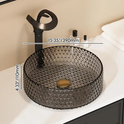 Vista 5 de Fregadero de Vaso de Vidrio Negro Lovedima, Lavabo de Tocador de Baño Sobre Encimera
