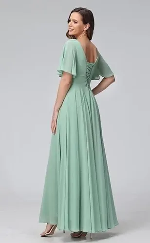 Vista 2 de Ternlm Women's Flutter Sleeves Bridesmaid Dresses Long V Neck Pleated Chiffon Formal Evening Gown with Slit TN004