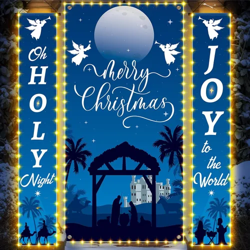 Vista 6 de Preboun 3 pancartas colgantes de Navidad con luces LED para el porche de Navidad con cadena de luces LED para decoración de invierno, Navidad